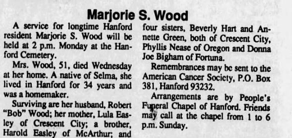 Obituary for Marjorie S. Wood (Aged 51)